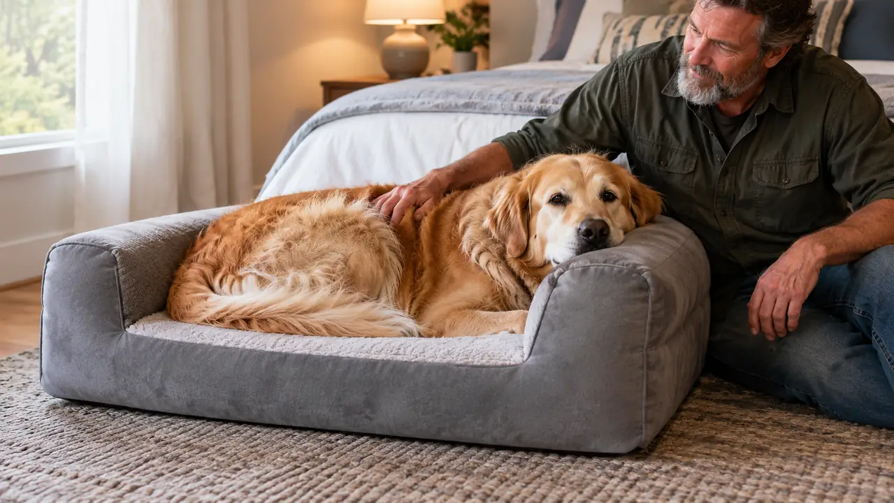 Large dog resting on a rectangular orthopedic bed with raised bolsters