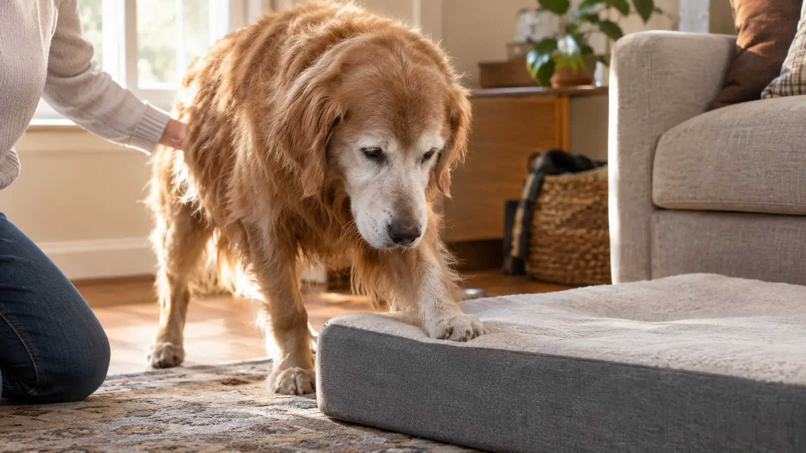Older dog stepping carefully onto a low orthopedic bed in a living room