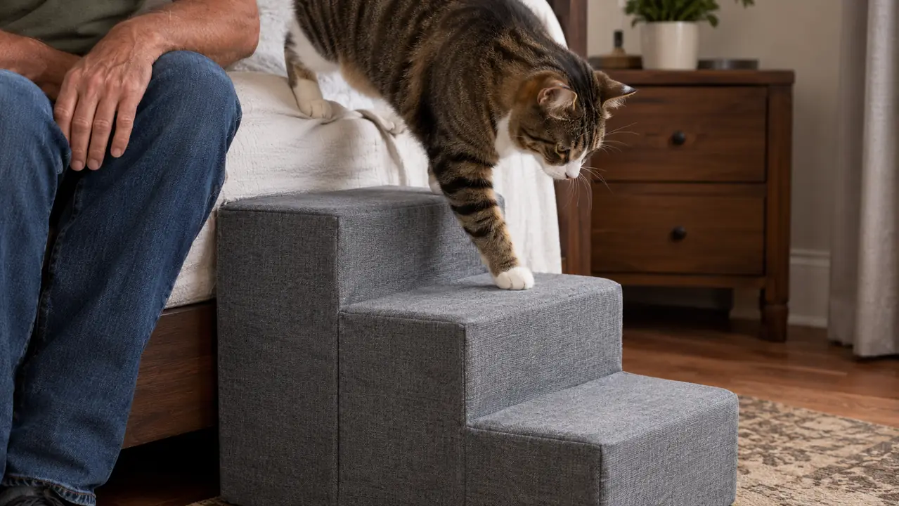 A cat using a fabric step stair to get down from a bed
