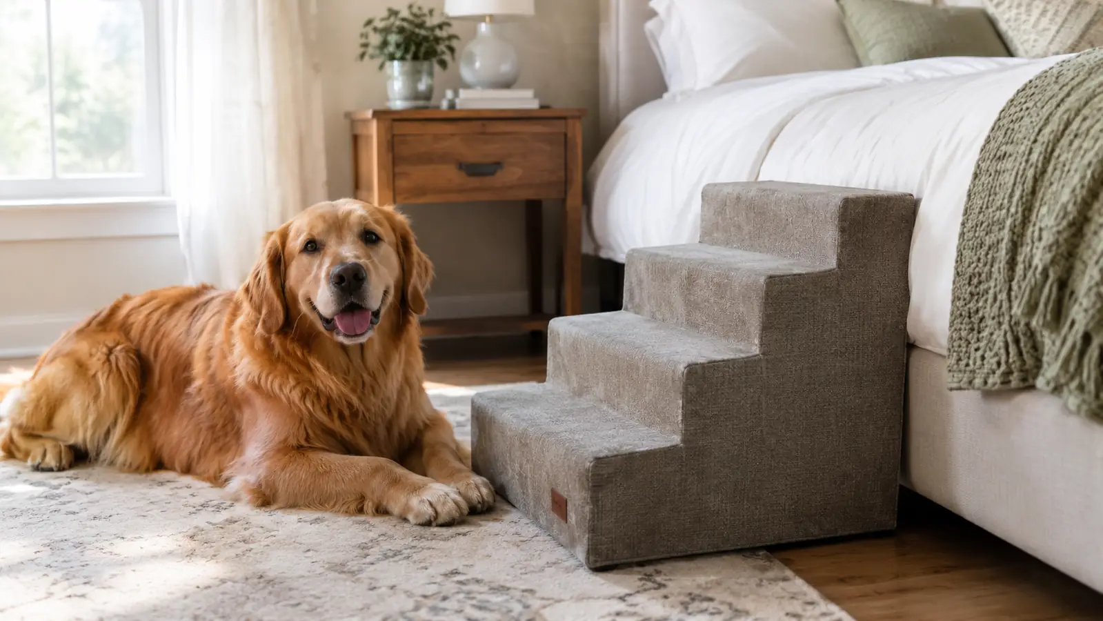 A fabric pet stair beside a bed in a bright bedroom with a dog resting on the floor nearby