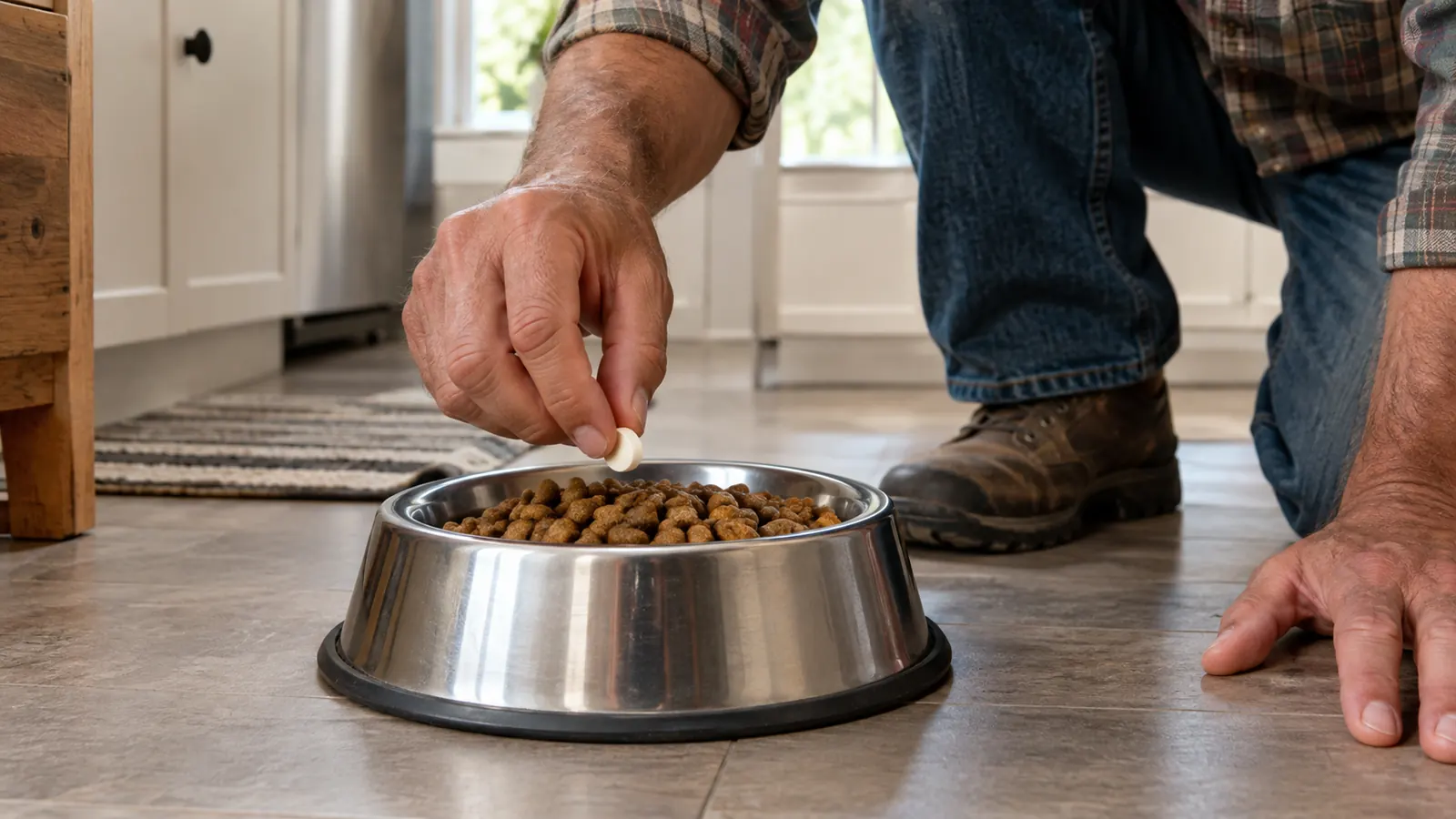 A hand sprinkling a chewable tablet on top of a dog's kibble in a stainless steel bowl