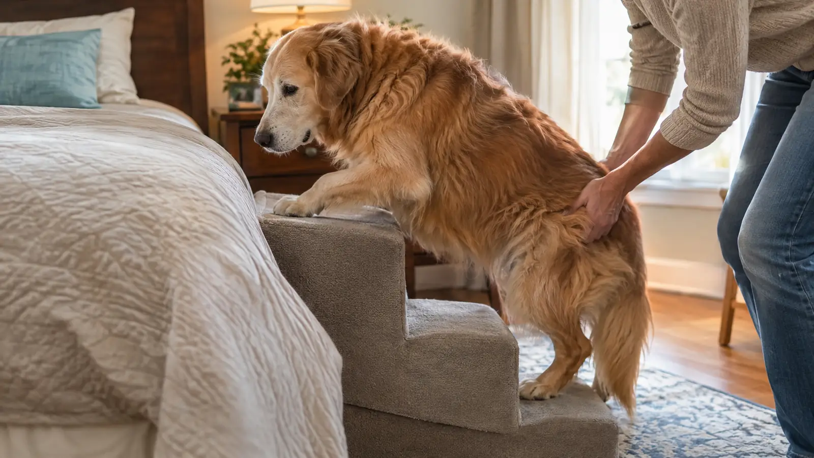 A dog climbing a low set of stairs beside a bed, with a person steadying its hindquarters