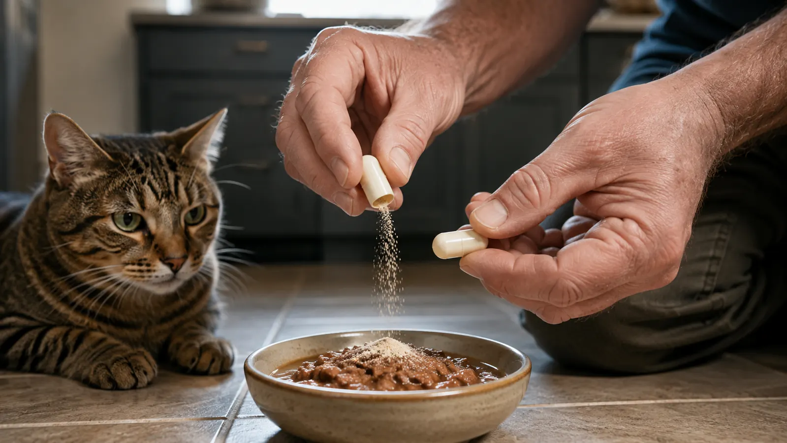 a person opening a small supplement capsule over a bowl of wet cat food