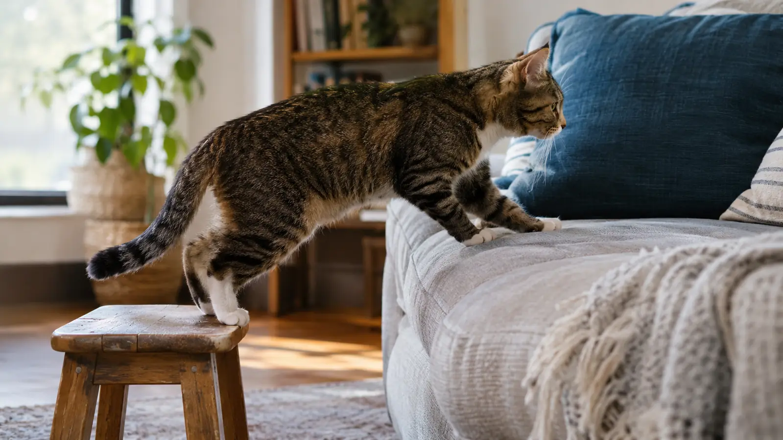a cat stepping from a low stool onto a couch