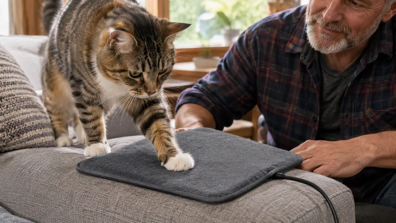 a cat stepping onto a self-warming pad on a couch, testing the surface with one paw