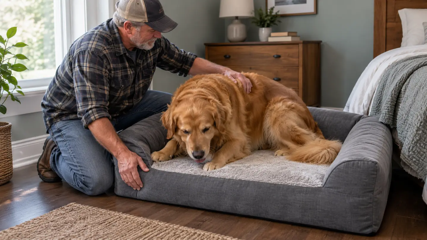 A large dog settling onto an orthopedic dog bed with raised bolsters and a thick foam base