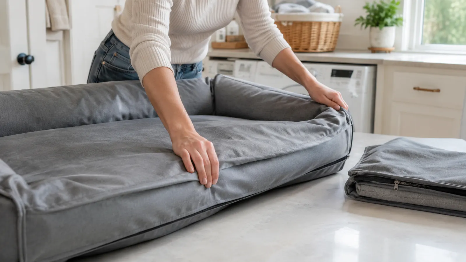 A woman's hands smoothing a clean cover onto an orthopedic dog bed, with a folded spare cover nearby