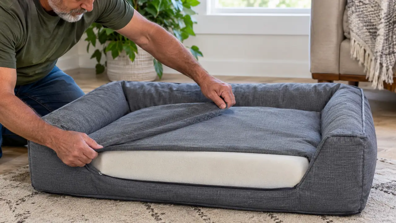 A person smoothing a removable dog bed cover back into place over the foam base