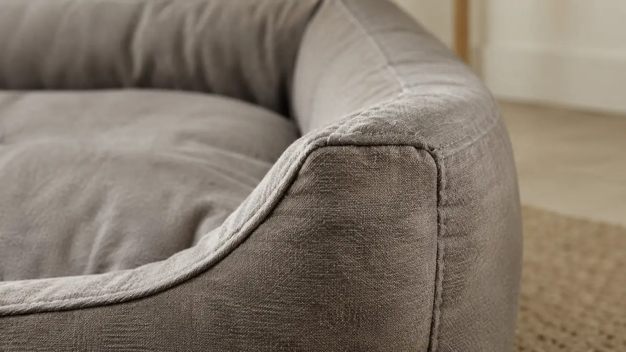A close-up of a dog bed corner showing the bolster seam and stitching