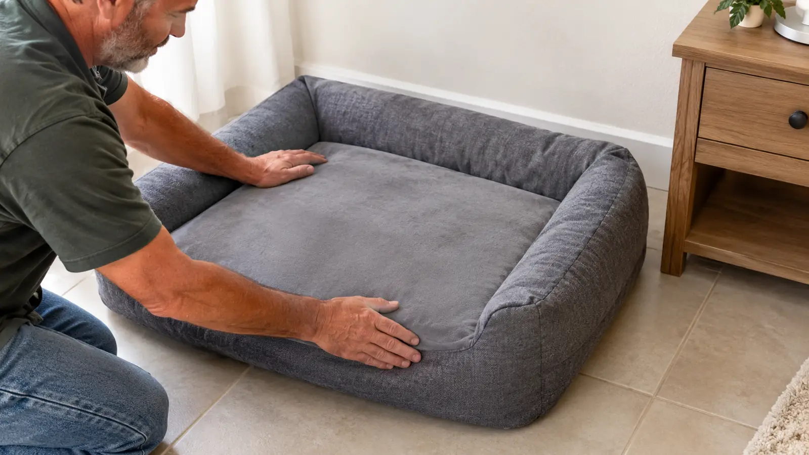 A person smoothing a fresh cover onto an orthopedic dog bed with raised bolsters