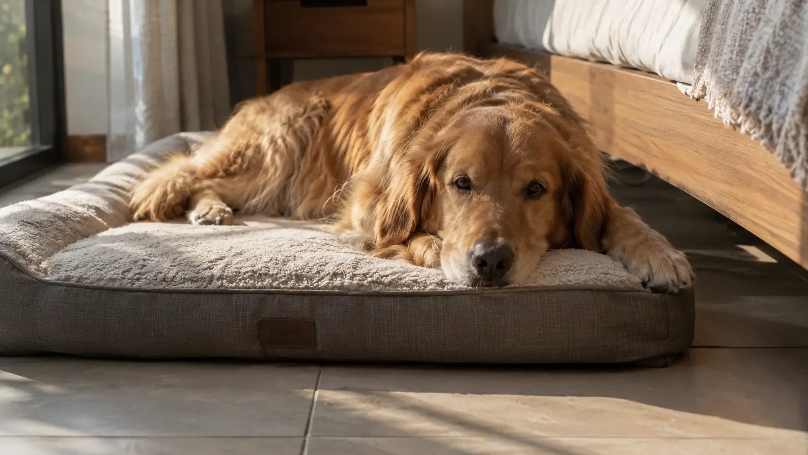 A large dog lying flat and relaxed on an orthopedic dog bed beside a bed frame