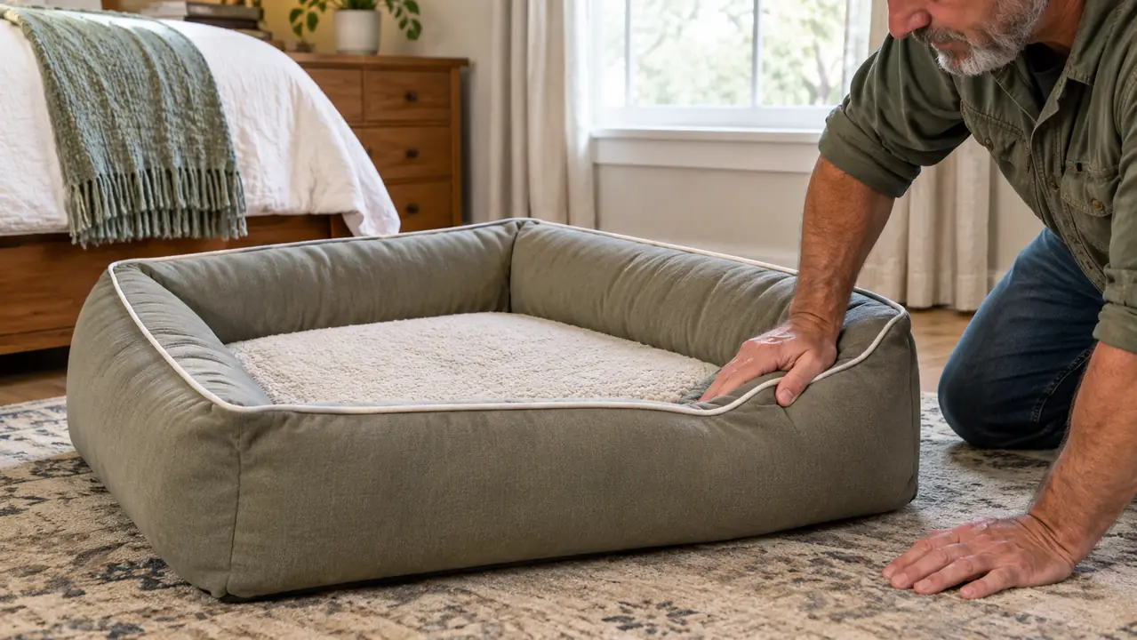 A hand pressing into the foam edge of the Bedsure orthopedic dog bed to show how it holds its shape