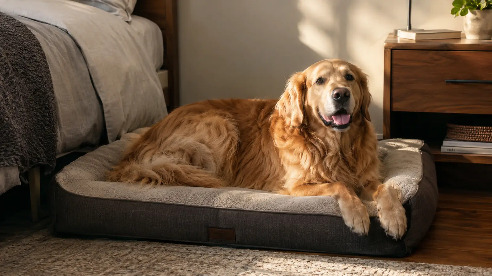 A large dog lying comfortably on a rectangular orthopedic dog bed beside a nightstand