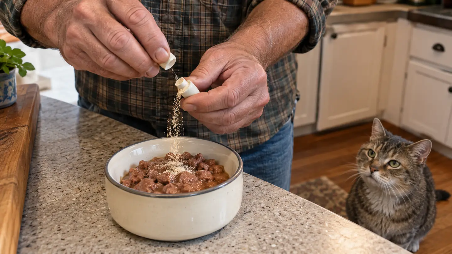 A hand opening a small sprinkle capsule over a bowl of wet cat food on a kitchen counter