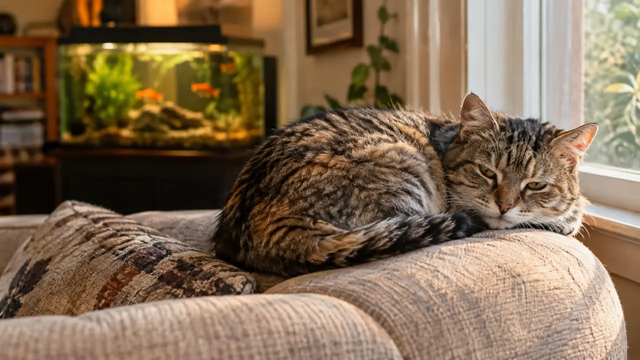 An older cat curled up on the end of a couch near a sunny living-room window in the afternoon