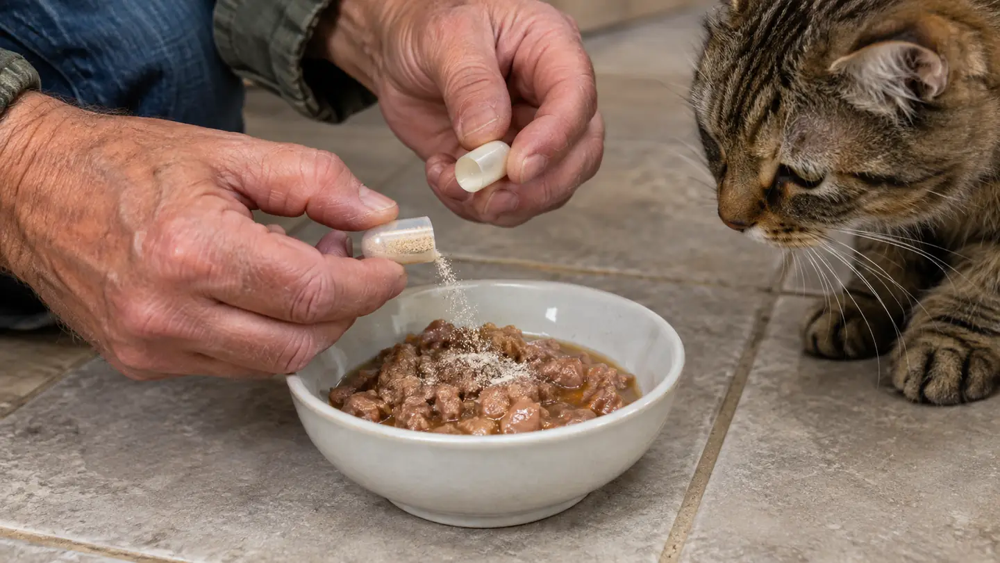 A hand opening a small sprinkle capsule over a dish of wet cat food