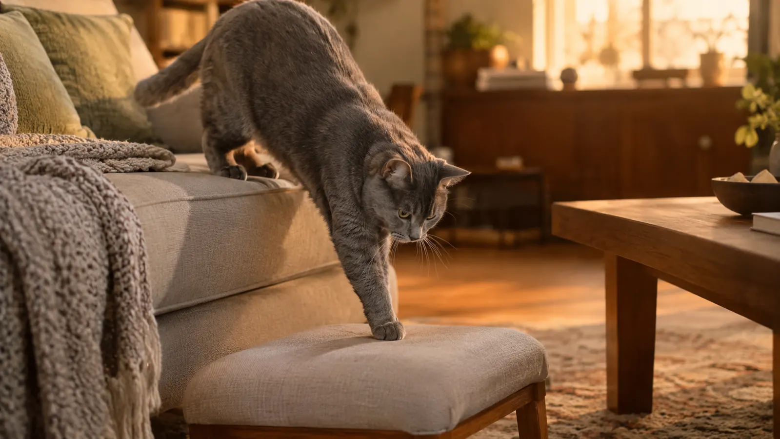 A gray cat stepping down from a couch onto a low footstool, evening light