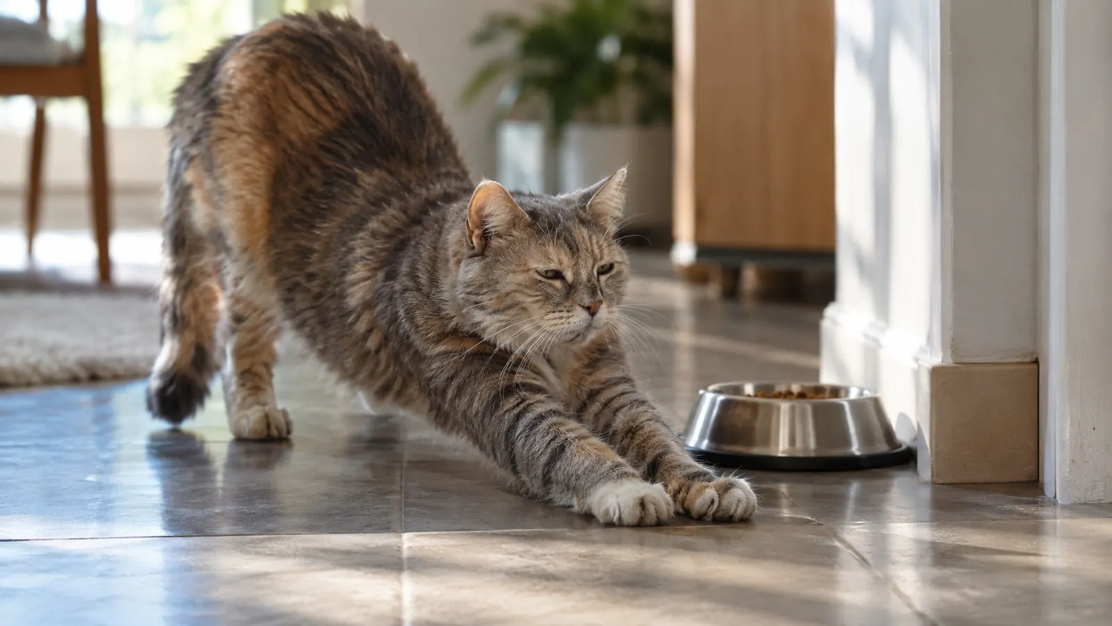 An older cat stretching its back legs on a tile floor beside a food bowl