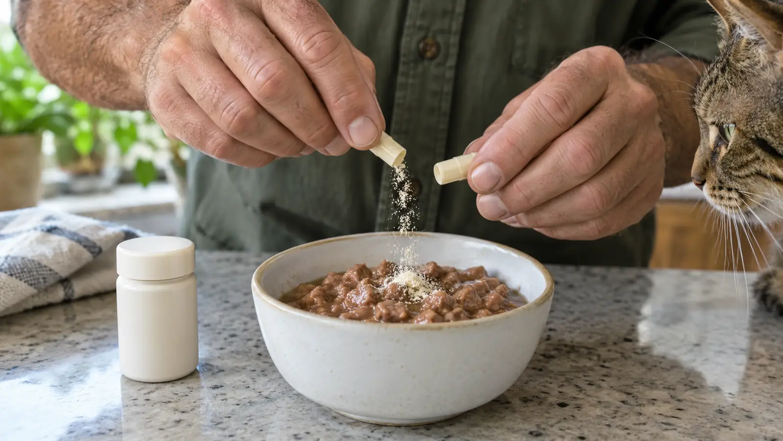 a hand opening a small supplement capsule and sprinkling the contents over a bowl of wet cat food