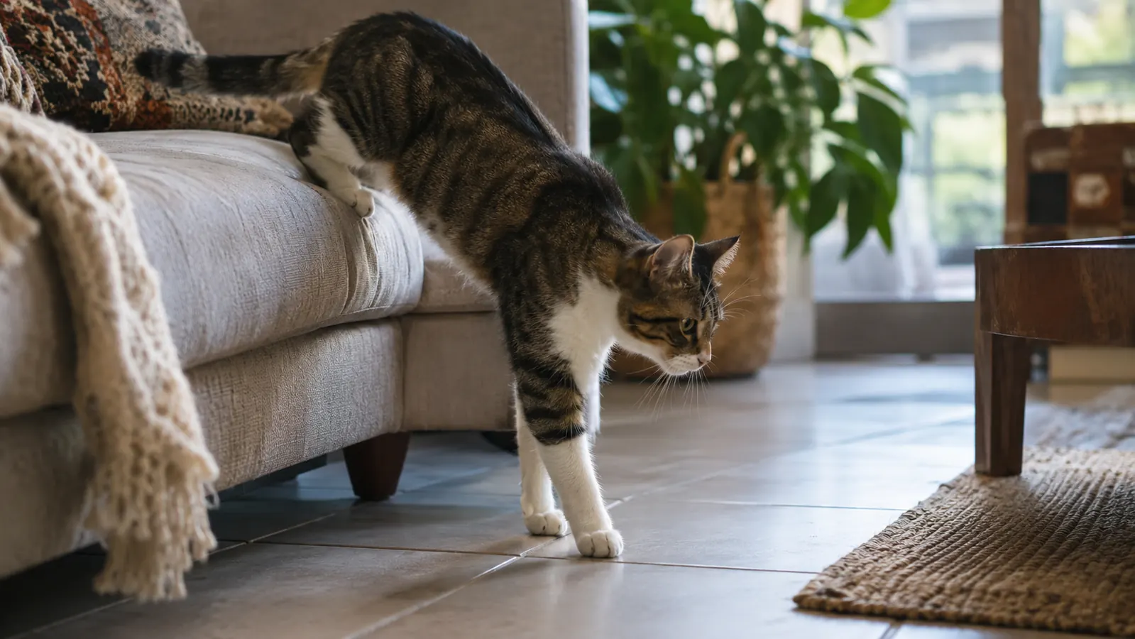 a cat stepping carefully down from a low couch onto a tile floor