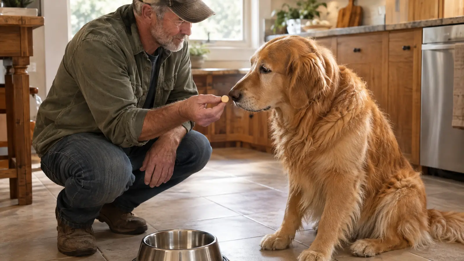 A hand offering a small chewable tablet to a large dog beside a stainless steel bowl