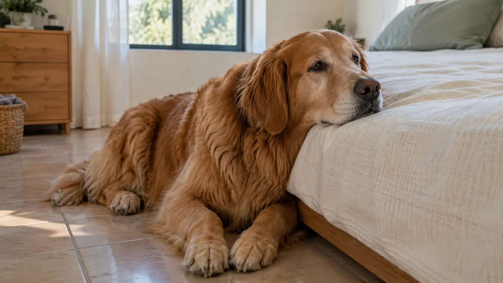 A large dog resting its chin on the edge of a bed in a bright bedroom