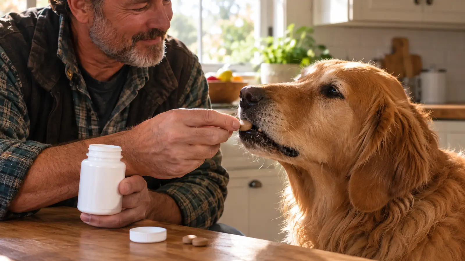 A hand offering a chewable tablet to a large dog
