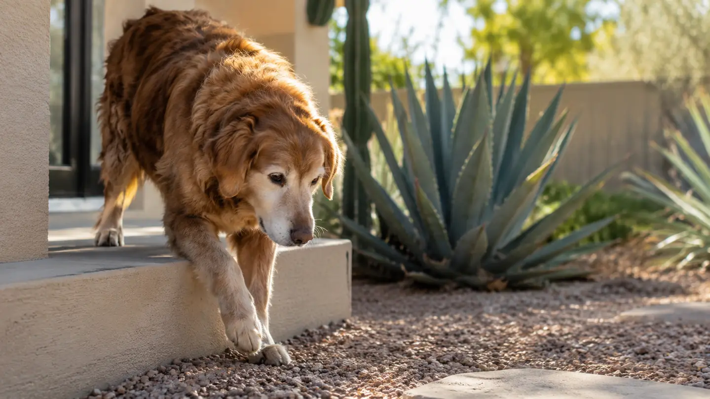 A large dog stepping down a low porch step into a sunny yard
