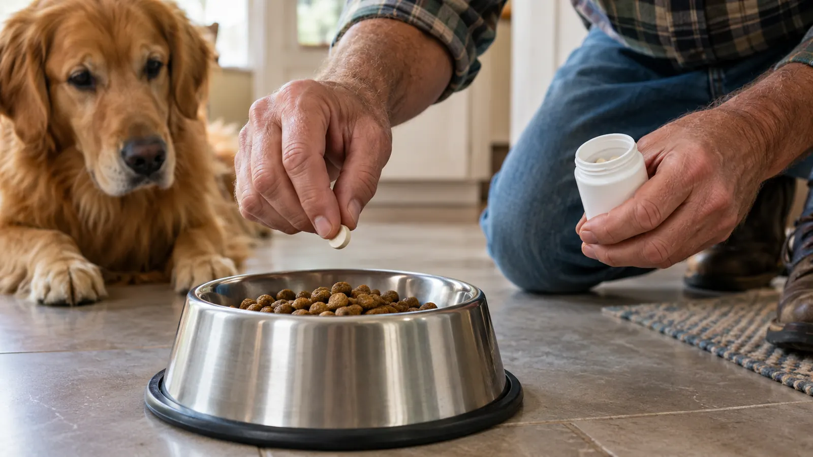 A hand placing a chewable tablet on top of a dog's kibble in a stainless steel bowl