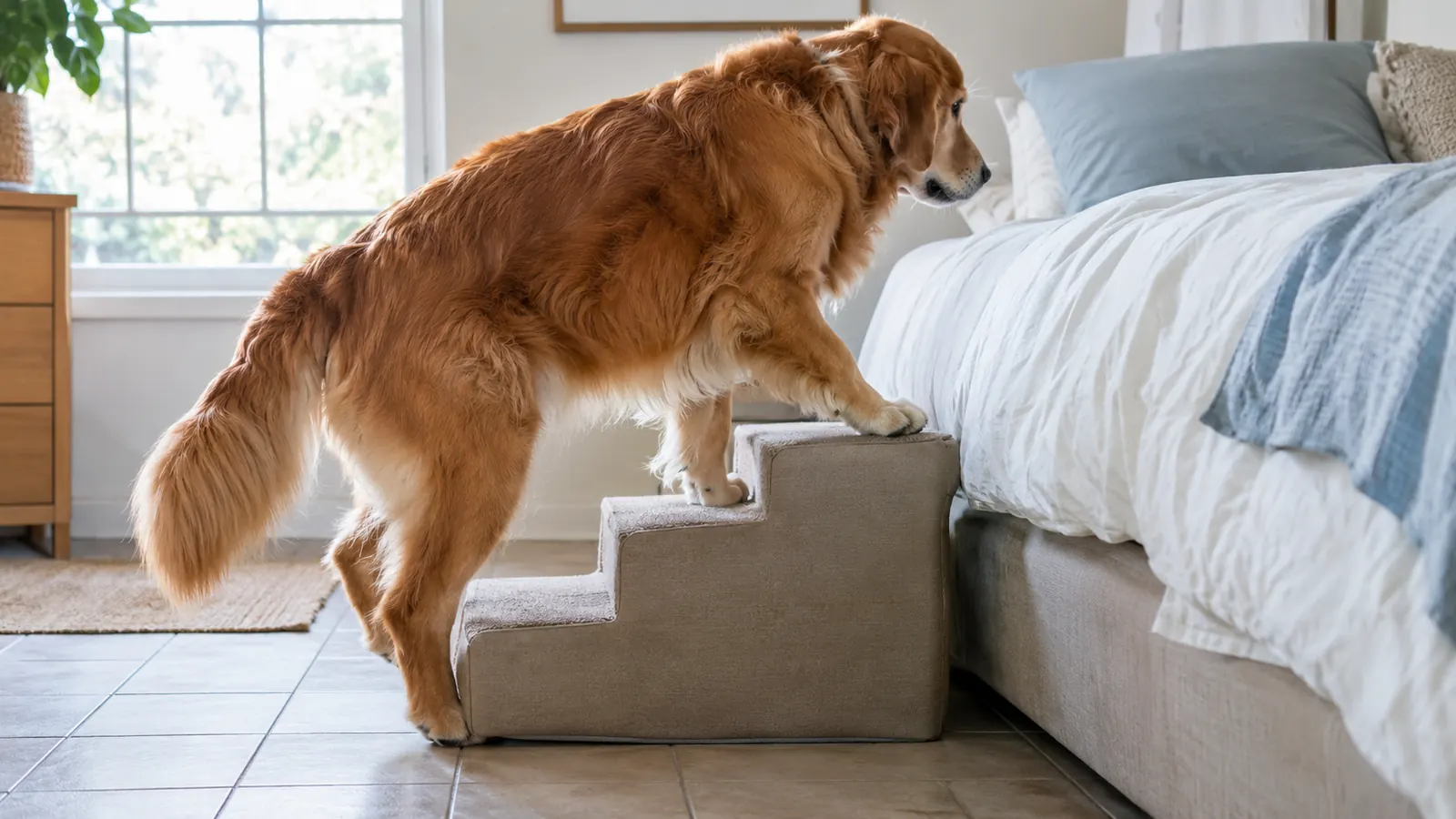A large dog climbing a set of low steps beside a bed, photographed from the side