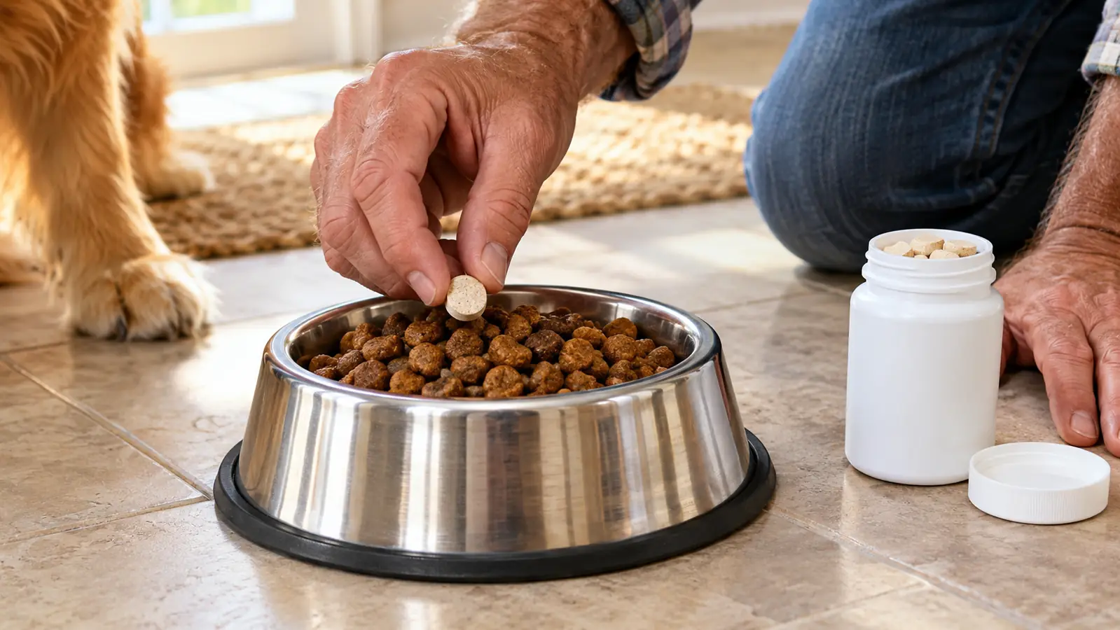A hand placing a chewable tablet on top of dog kibble in a stainless steel bowl
