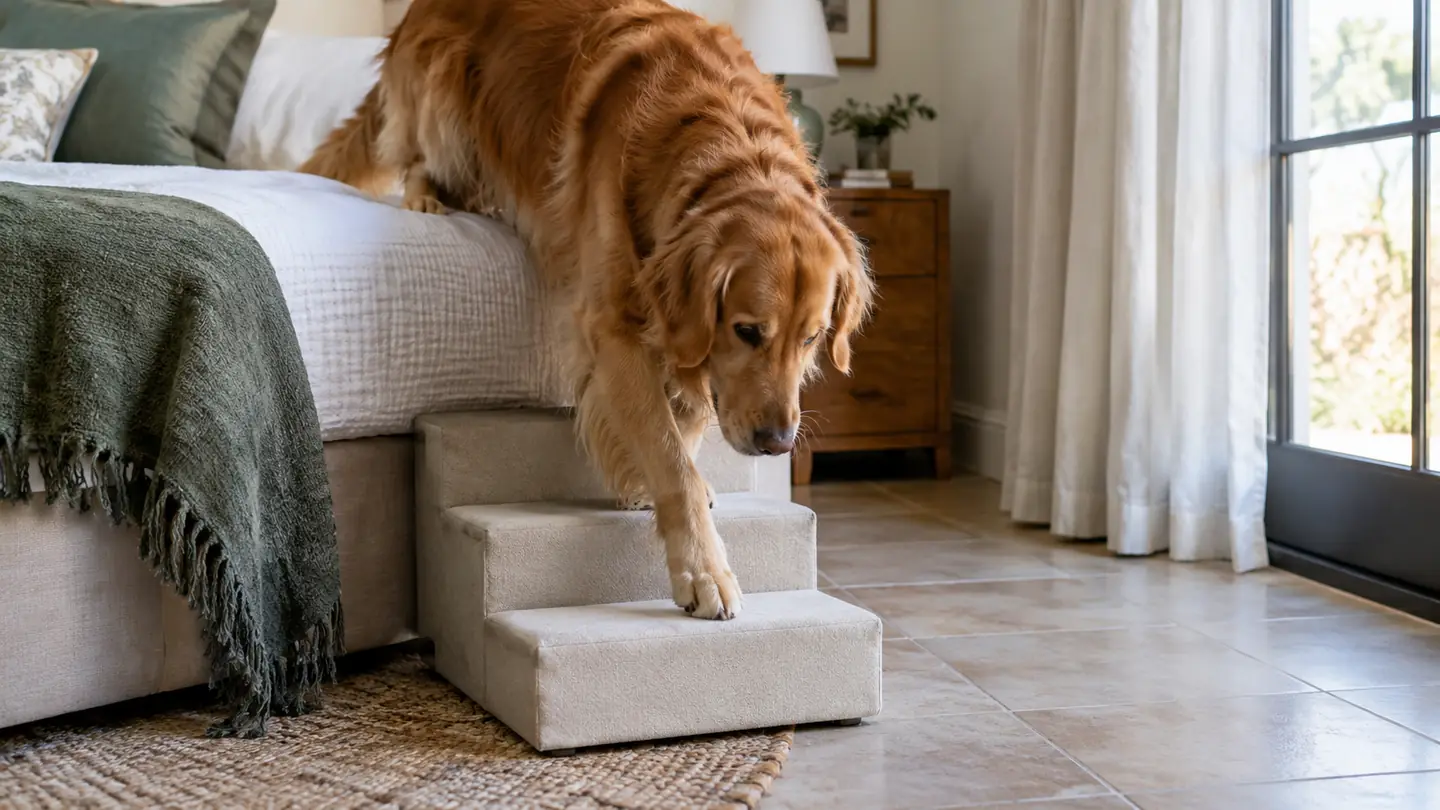 A large dog standing at the foot of a bed beside a set of pet stairs