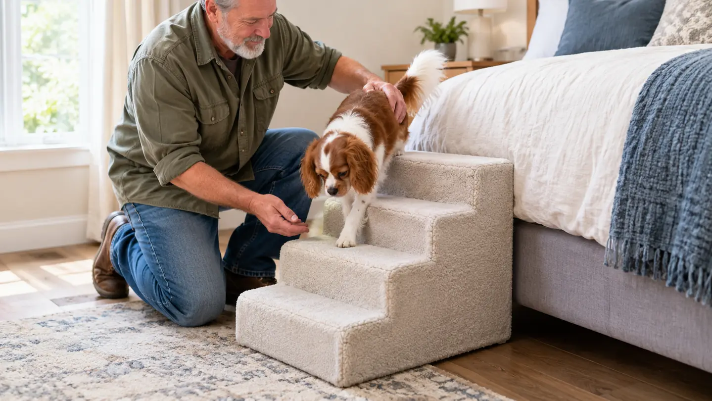 A person guiding a small dog down a fleece-covered four-step pet stair beside a bed