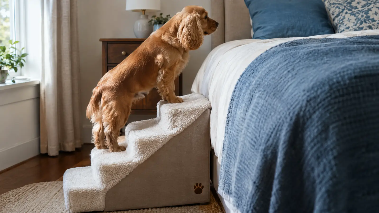A dog standing on a fleece-covered four-step pet stair beside a bed, ready to step onto the mattress