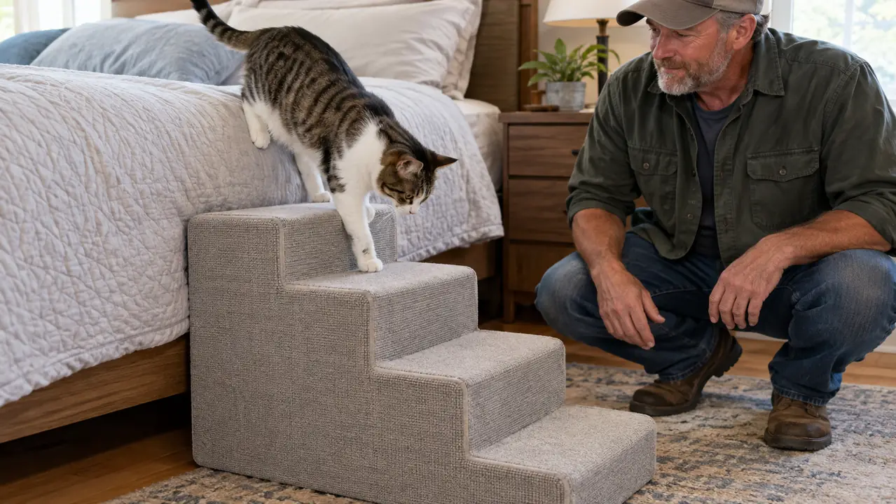 A small cat stepping down from a bed onto a fabric-covered pet stair