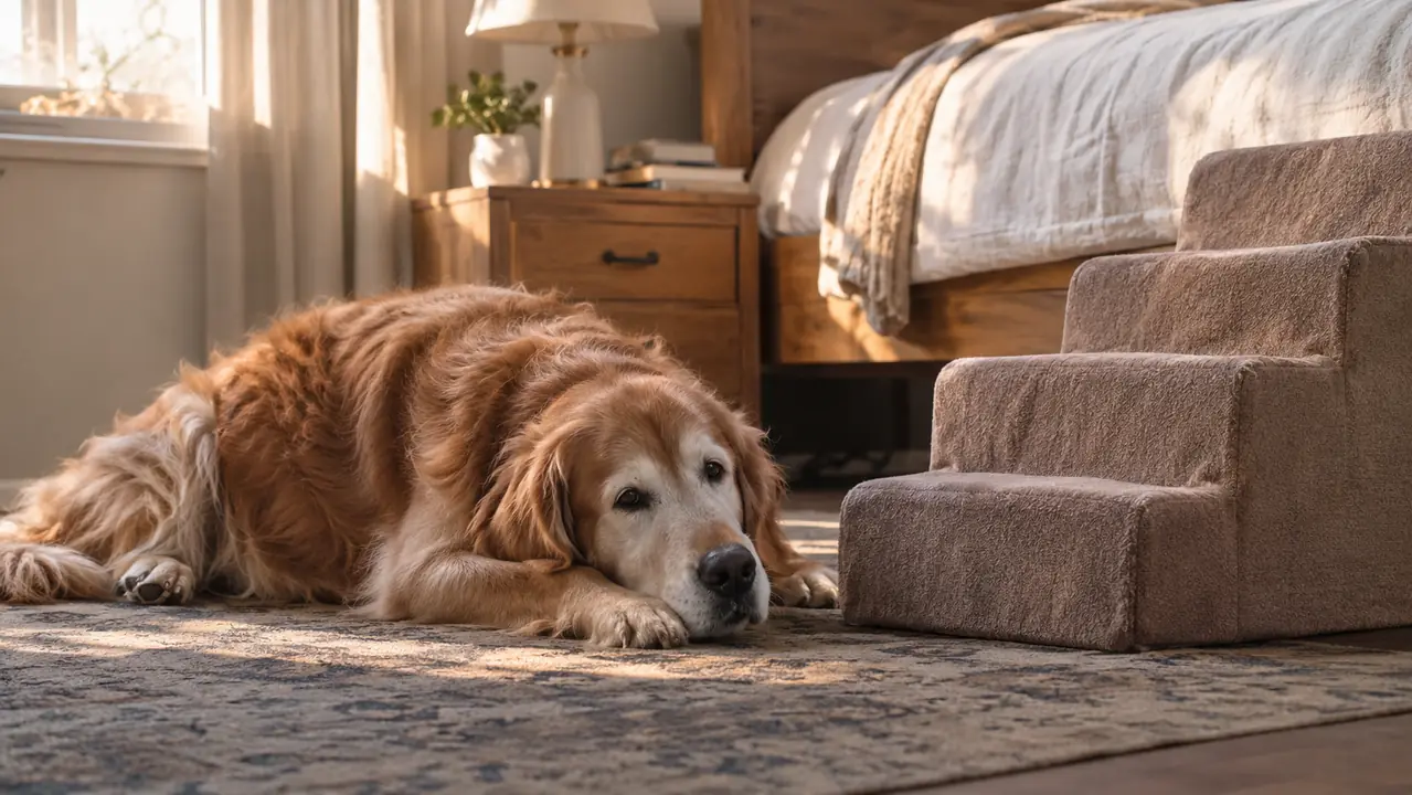 A large older dog resting on the floor beside a bed with a fabric-covered set of pet stairs at the foot