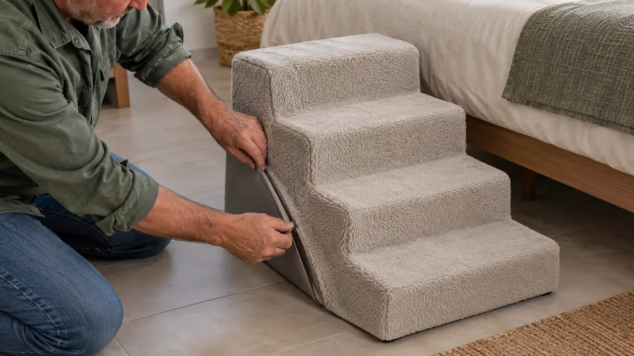 A person adjusting a removable fleece cover on a fabric pet stair
