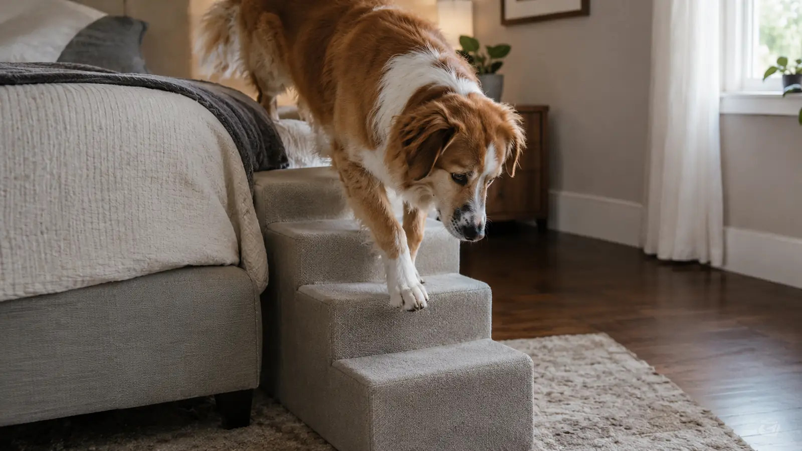 A dog stepping down a fabric stair one paw at a time