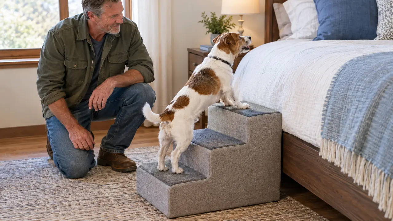 A small dog using a four-step pet stair to get down from a bed