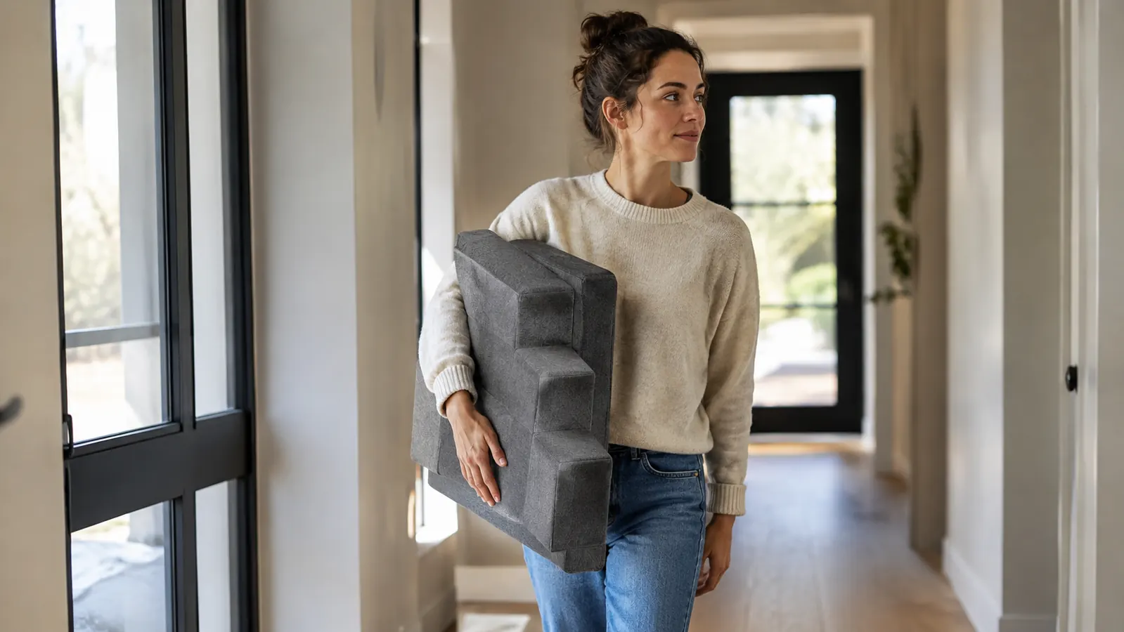 A person carrying a folded four-step pet stair in a hallway