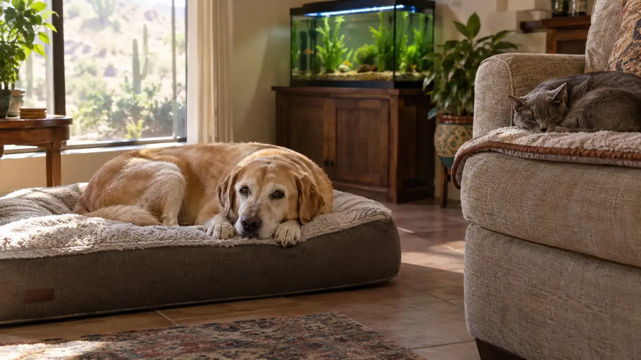 An older yellow Lab mix resting on a thick orthopedic dog bed while a gray cat naps on a warm pad by a sunny living-room window