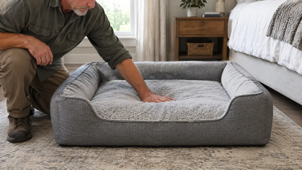 A person's hand pressing into the foam of an orthopedic dog bed to show its firm support