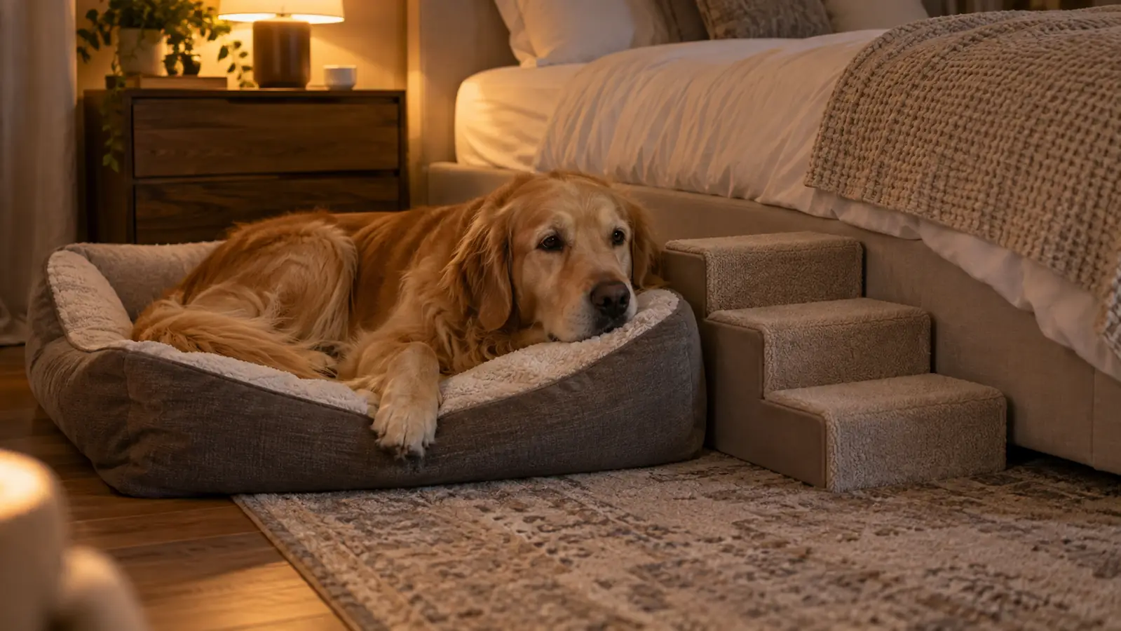 A large dog settled on a dog bed beside a low set of pet stairs next to a bed