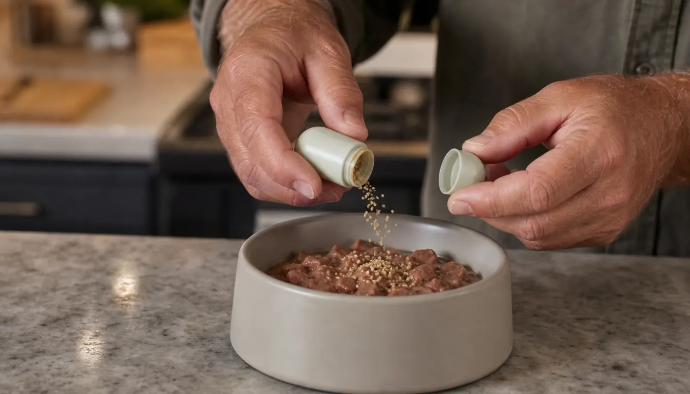 A hand opening a small sprinkle capsule over a cat's bowl of wet food