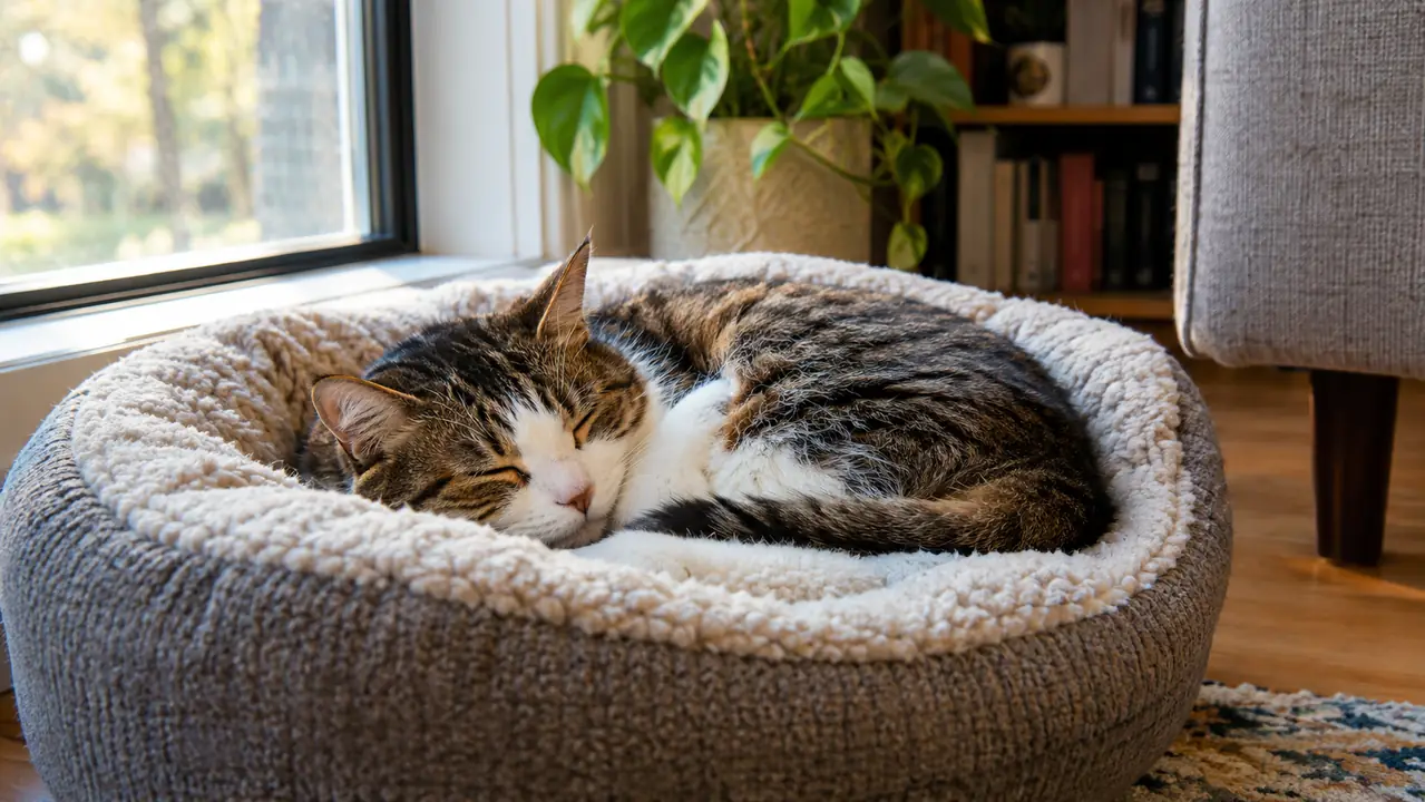A cat napping on a padded cat bed near a living room window