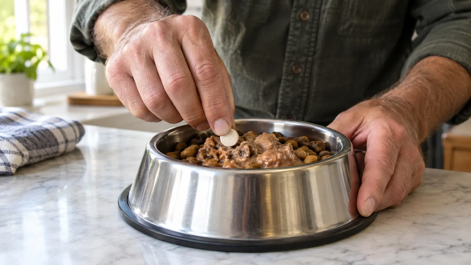 A hand pressing a chewable tablet into a spoonful of wet food on top of kibble in a stainless steel bowl
