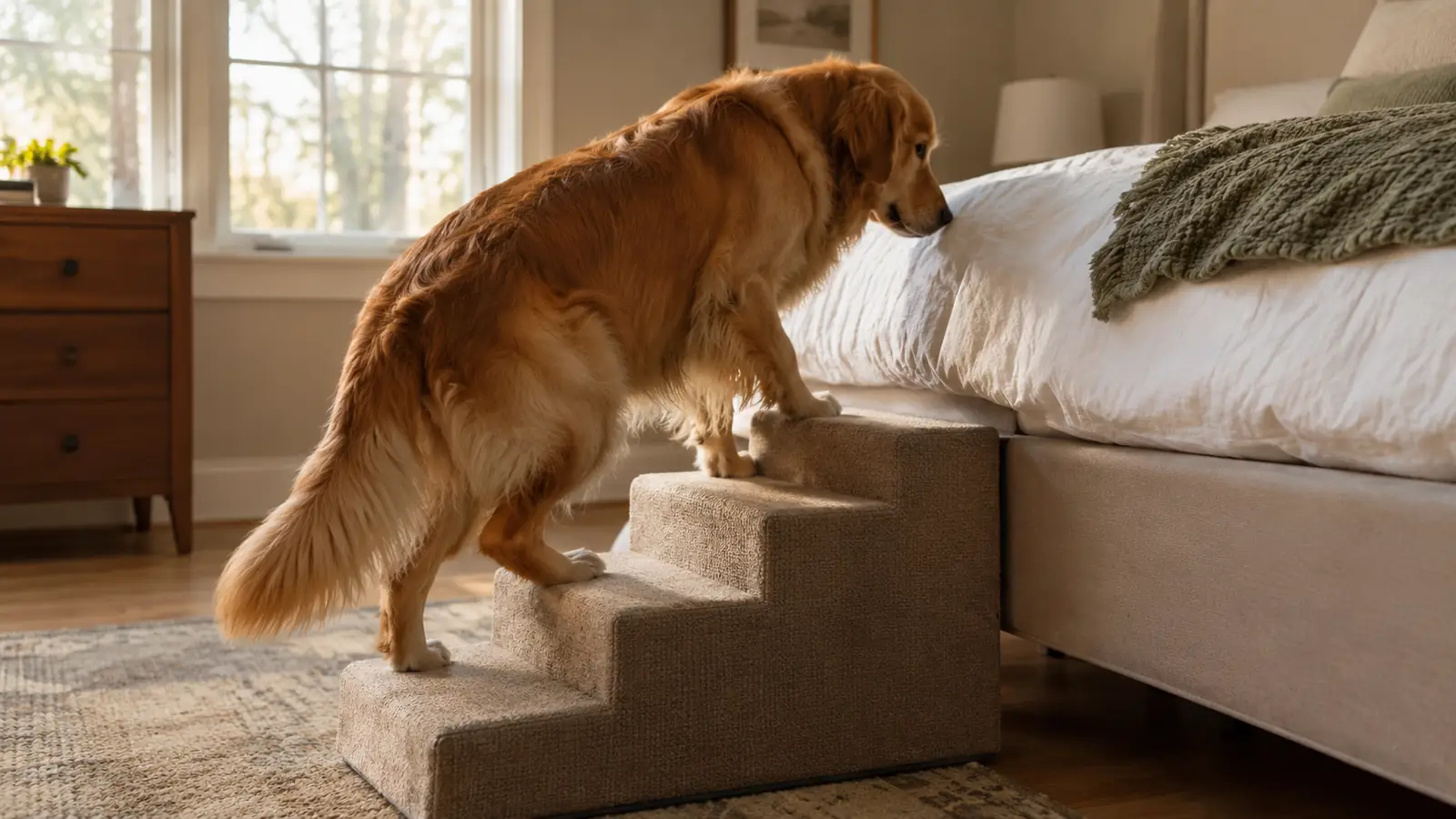 A large dog walking up a set of four pet stairs beside a bed
