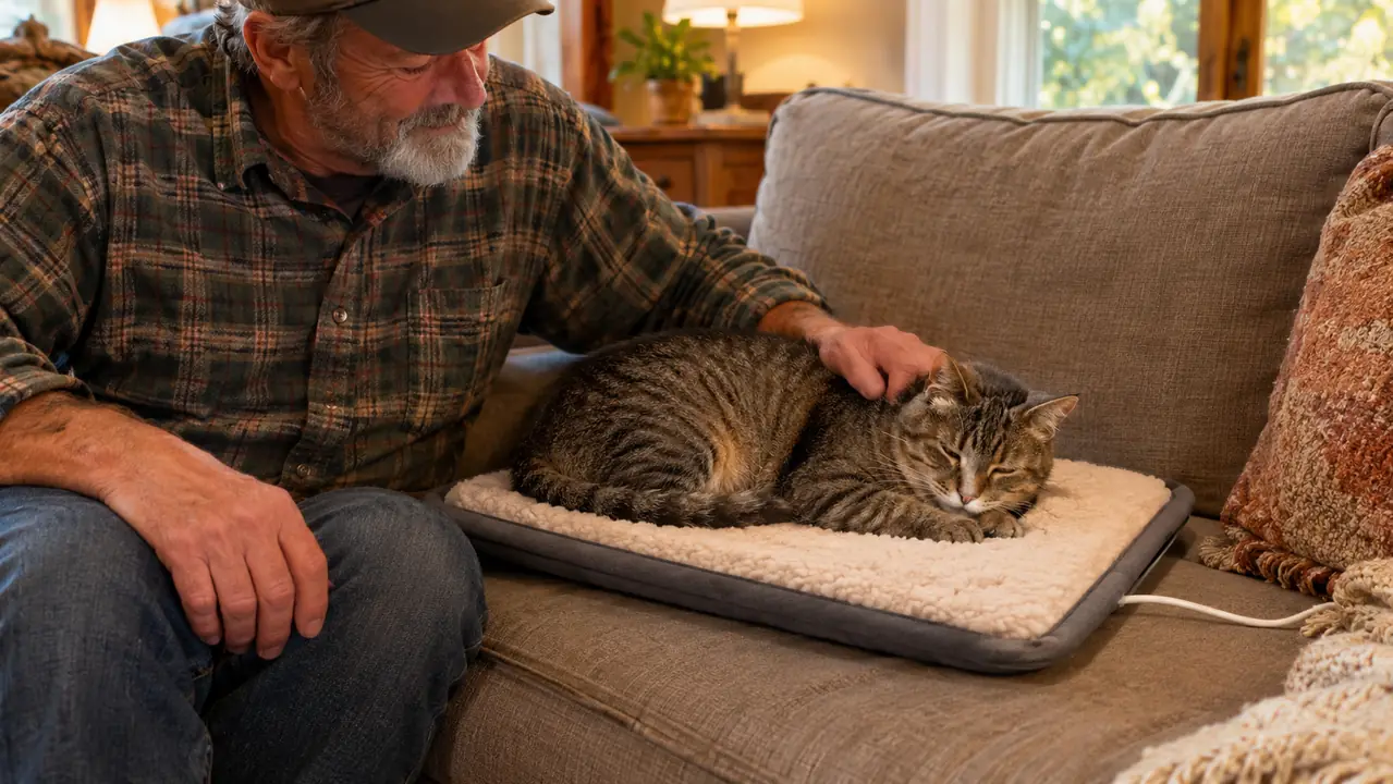 A cat resting on a self-warming pet pad on a couch cushion
