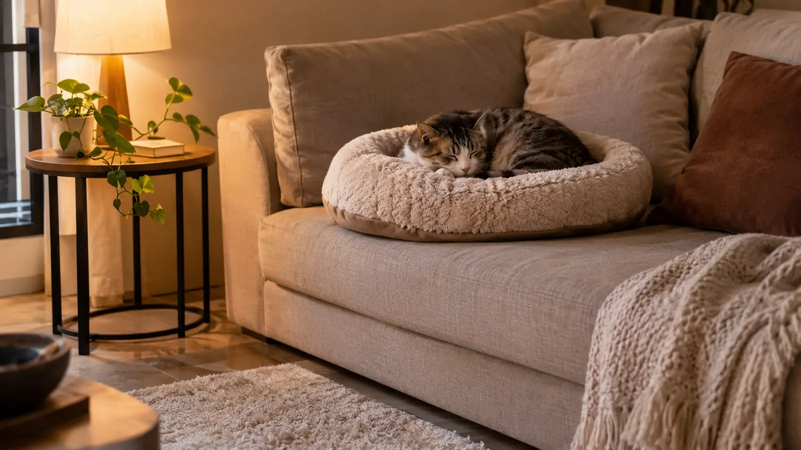 A low couch corner with a plush pet pad on the cushion and a rug on the tile floor below