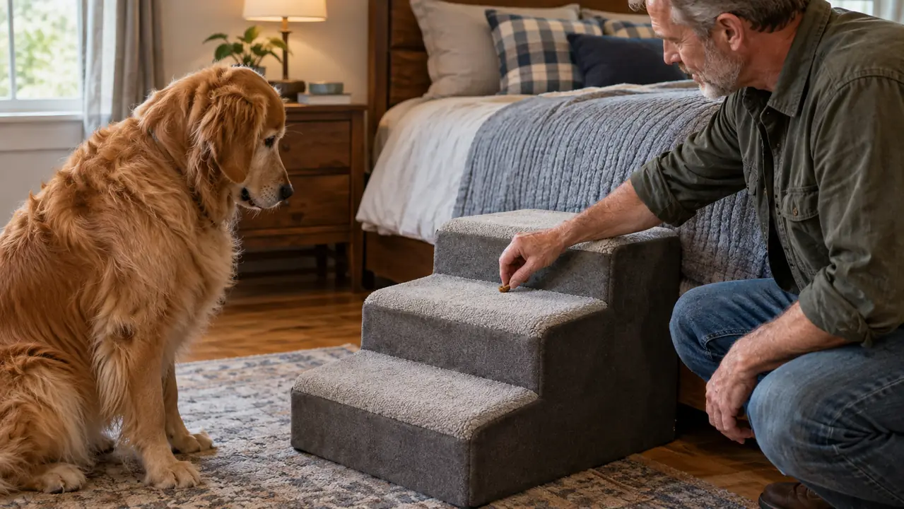 A person's hand places a treat on a step of the pet stairs while a large dog watches.